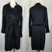 Black Suede Brushed Leather Fur Trim Knit Belted Sweater Coat Coatigan Womens L