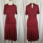 Mary Crafts Ruffled Ruched Gathered Fitted Jersey Knit Midi Dress Womens 0 Red