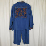Susan Graver Western Floral Tapestry Faux Suede Pants Suit Zip Jacket Womens M