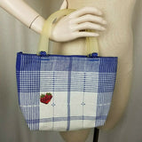 Canvas Blue Plaid Strawberry Mini Tote Bag Purse Handbag Small Celluloid Handle