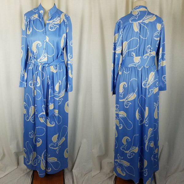 Vintage 70s Hal Ferman Long Maxi Hawaiian Paisley House Dress Womens 16 NOS Blue