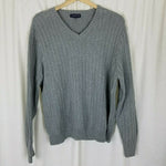 Lands End Ribbed Striped Cotton Cable Knit VNeck Sweater Mens L Gray Vintage