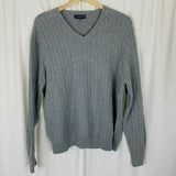 Lands End Ribbed Striped Cotton Cable Knit VNeck Sweater Mens L Gray Vintage