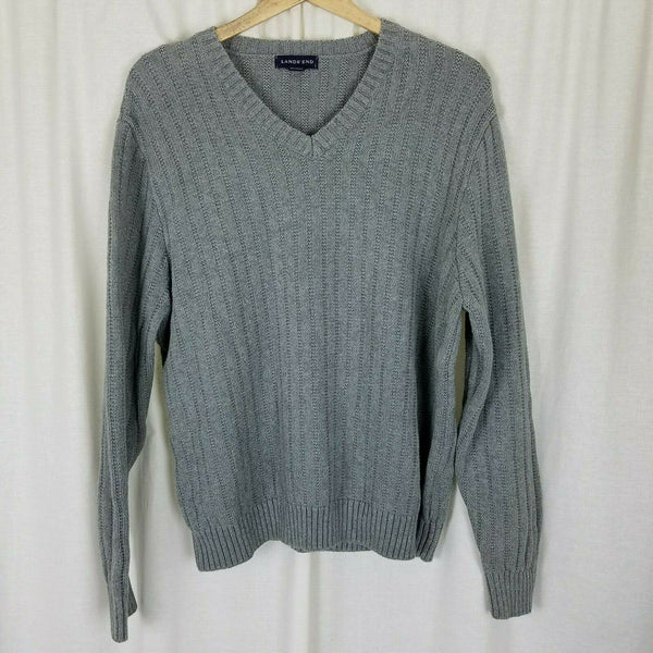 Lands End Ribbed Striped Cotton Cable Knit VNeck Sweater Mens L Gray Vintage