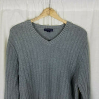 Lands End Ribbed Striped Cotton Cable Knit VNeck Sweater Mens L Gray Vintage