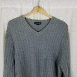 Lands End Ribbed Striped Cotton Cable Knit VNeck Sweater Mens L Gray Vintage