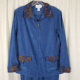 Susan Graver Western Floral Tapestry Faux Suede Pants Suit Zip Jacket Womens M