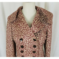 Due+2 Double Breasted Wide Lapel Ruffled Fit & Flare Cheetah Vegan Coat Womens S