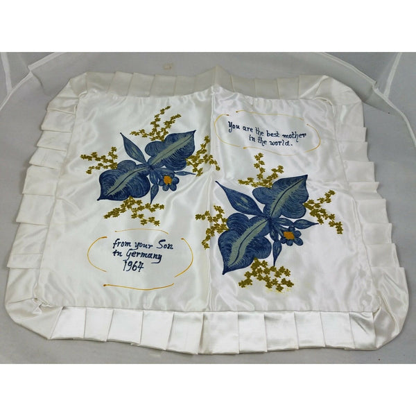 Vintage White Silk Satin Germany Mother Son Souvenir Pillow Cover Sham 1964 Blue