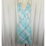 LL Bean Linen Cotton Blue Green Plaid Faux Wrap Dress Summer Womens 4