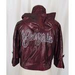 Char Char Califa LA Bling Hooded Ruffled Satin 3/4 Sleeve Bomber Jacket Womens L