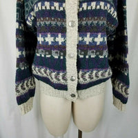 Alps Wool Cable Knit Nordic Fair Isle Cardigan Sweater Womens M Mottled Striped