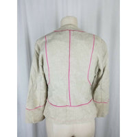 Sigrid Olsen Woven Tan Linen Cotton Pink Piped Button Up Jacket Blazer Womens 8