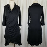 Matti Mamane Black Ruffled Ruched Faux Wrap Jersey Knit Dress Womens 2 M NWT