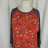 Lularoe Red Floral Randy Top Baseball Style T Shirt Stretch Jersey Knit Womens L