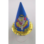 Vintage Circus Clown Happy Birthday Party Paper Cone Hats Blue Bozo Gold Fringe