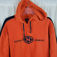 Nautica Jeans Co. Striped Fleece Pullover Hoodie Sweatshirt Jacket Mens L Orange