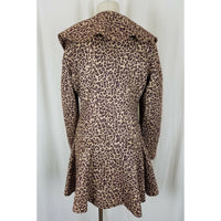 Due+2 Double Breasted Wide Lapel Ruffled Fit & Flare Cheetah Vegan Coat Womens S