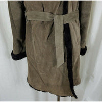 Vintage Suede Leather Deep Pile Faux Fur Lined Belted Hooded Wrap Coat Womens L