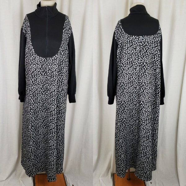 Vintage Robes of California Black Floral Maxi Knit Robe Housedress Womens L XL