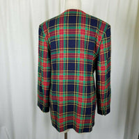 Chaus Tartan Scotch Plaid Wool Collarless Blazer Jacket Womens L XL Vintage 80s