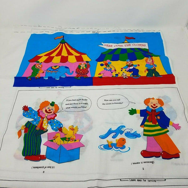 Here Come The Clowns Soft Cloth Book Cut & Sew Fabric Panel Vintage 1990s Infant