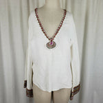 Inca Heavily Beaded Trim Linen VNeck Bell Sleeve Tunic Top Blouse Womens M India