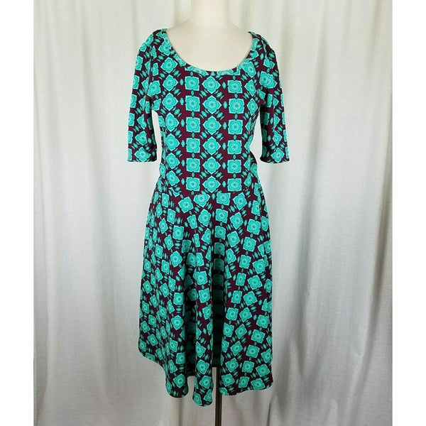 Lularoe Green Medallion Jersey Knit Dress Womens L Scoop Neck Twirl 3/4 Sleeve