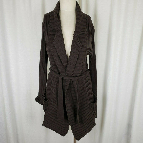 Coolwear Long Tie Sash Open Front Wrap Ribbed Cardigan Sweater Jacket Womens L