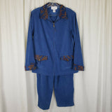 Susan Graver Western Floral Tapestry Faux Suede Pants Suit Zip Jacket Womens M