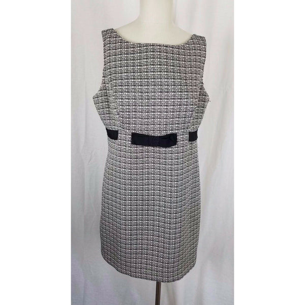 Jones Wear Dress Black & White Woven Mottled Tweed Belted Empire Waist Womens 14