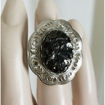 Oval Polished Black Coal Look Adjustable Ring Womens One Size Band Faceted Frame
