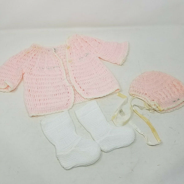 Vintage Cradle Knit Layette Set Crochet Cardigan Sweater Baby Girls Newborn Pink