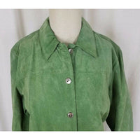 JM Collection Green LEATHER Suede Full Button Up SHIRT JACKET Womens M Celery