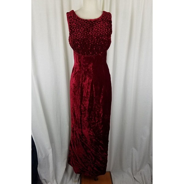 Vintage Crushed Red Velvet Maxi Dress Womens S Formal PomPom Textured Top Empire