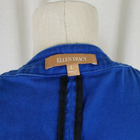 Ellen Tracy Denim Bright Blue Jean Jacket Womens L Collarless Zippered Zip Up