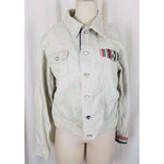Tie One On NY Embellished Ribbon Trim Trucker Denim Jacket Womens L Jean Bone