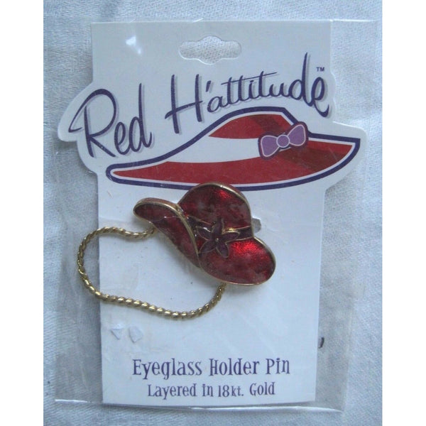 Red Hattitude Hat Society Eyeglass Holder Pin Brooch 18 kt Gold Finish Flower