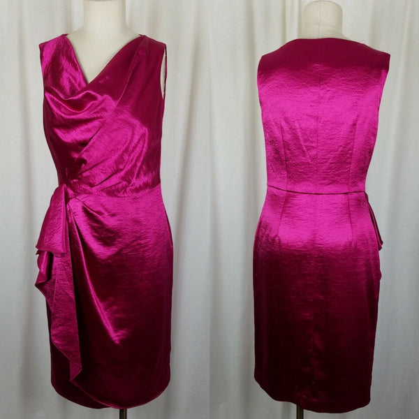 Anne Klein Drape Dress Satin Wiggle Plunge Faux Wrap Look Womens 6 Metallic Pink