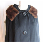 Juilliard Fabric Mid Century Mod Fur Collar Wool Coat Cloak Womens S M USA Black