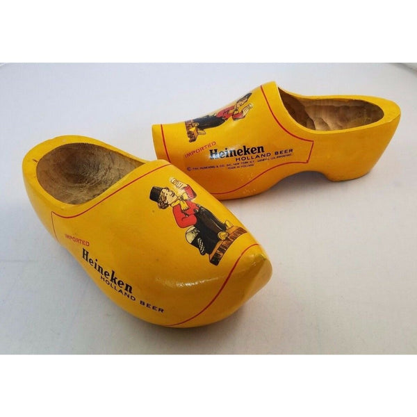 HEINEKEN BEER ADVERTISING PAIR OF WOOD SHOES CLOGS HOLLAND Yellow Carved Wooden