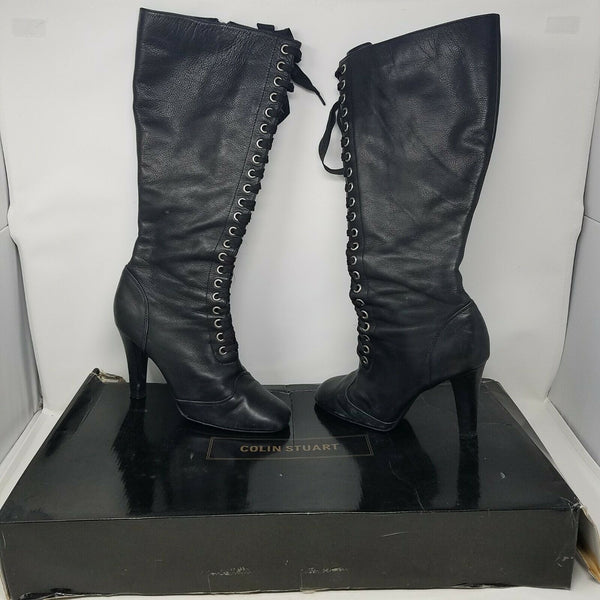 Colin Stuart x Victoria Secret Knee High Lace Up Black Leather Boots Womens 9