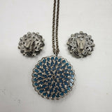 Turquoise Beads Medallion Pendant Silver Filigree Statement Necklace Earrings