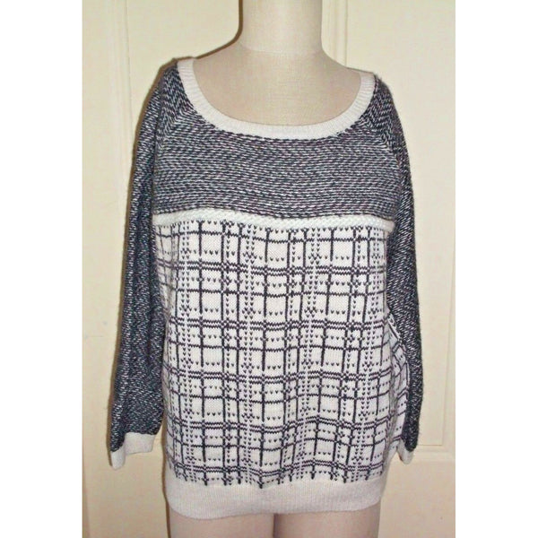 Ann Taylor Loft Alpaca Wool Plaid Knit Scoop Neck Sweater Womens L 3/4 Sleeve