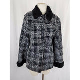 Simon Chang Boucle Woven Tweed Plaid Vegan Faux Pile Fur Lined Jacket Womens 7 8