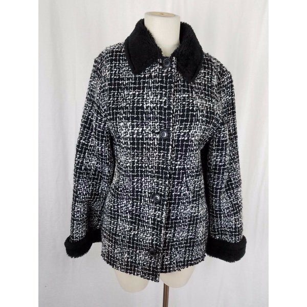 Simon Chang Boucle Woven Tweed Plaid Vegan Faux Pile Fur Lined Jacket Womens 7 8