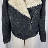 Zara Trafaluc Side Zip Shearling Wool Herringbone Tweed Moto Jacket Womens L