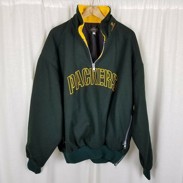 Vintage Green Bay Packers Pullover Henley Wool Bomber Jacket Mens XL 1/4 Zip