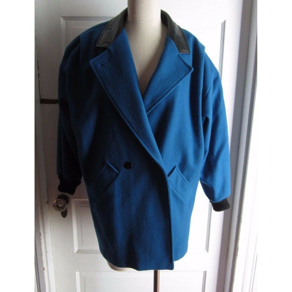 Sheridan Square Vegan Leather Knit Wool Short Coat Peacoat Womens 8 Bright Blue
