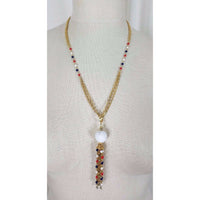 Vintage Faceted White Bead Beaded Tassel Pendant Necklace Gold Double Chain